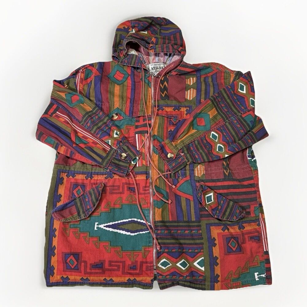 Vintage AT!LAST Hooded Jacket - Tribal Aztec Print - 100% Cotton - Size M - Rare - Picture 1 of 5